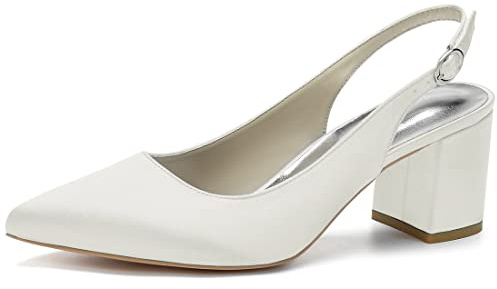 Scarpe da Sposa da Donna in Raso a Punta Pompe da Sposa con Cinturino da 2,36 Pollici Scarpe da Sera con Tacco Grosso,Avorio,35 EU