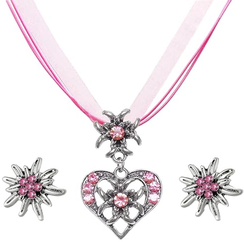 Glowjoy 3 Stück Trachtenschmuck Set, Trachten Herz Anhänger und Strass Edelweiß Ohrstecker, Dirndlschmuck, Oktoberfest Deko, für Damen Oktoberfest Dirndl und Lederhose Accessoires
