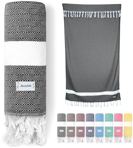 jazzylab ELMAS Fouta Hammam & Plage – Peshtemal | 100% Coton | Tissé Main avec Motif Classique | Légère, absorbante & sèche Rapidement | Finitions Artisanales |, 90x180 cm - Noir