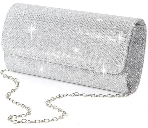 Ezranova Silber Clutch Tasche, Clutch Taschen für Frauen, Abendtaschen für Frauen, Silber Mini Kette Crossbody Tasche mit Pailletten für Hochzeit, Abendtasche, Umhängetasche Brauttasche