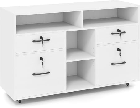 GIANTEX Cassetto da scrivania mobile con 4 cassetti chiusi con 8 chiavi, 4 ripiani aperti, ripiano centrale regolabile, armadio con raccoglitori su ruote per documenti A4, formato lettera (bianco)