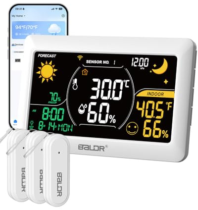 Stazione meteo WiFi con APP, display a colori da 7,5 pollici, stazione meteo wireless con 3 sensori wireless, stazione meteo wireless per interni ed esterni con previsioni Internet in tempo reale