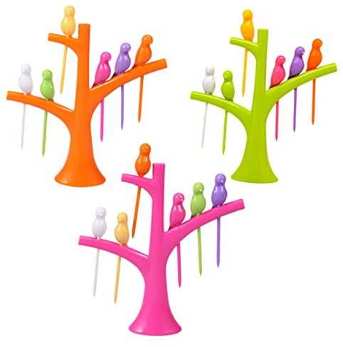 TOPPERFUN 3 juegos Pinchos Frutas de Plástico con Soporte Diseño Pájaro para Aperitivos Fiestas y Postres