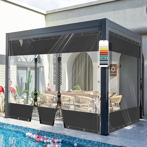 AMXFS Teloni trasparenti con occhielli, telo per terrazza cristallino in PVC da 580g/㎡ nero H2m x L1,6m, tenda da esterno resistente alle intemperie, impermeabile, telo antipioggia con cerniera per