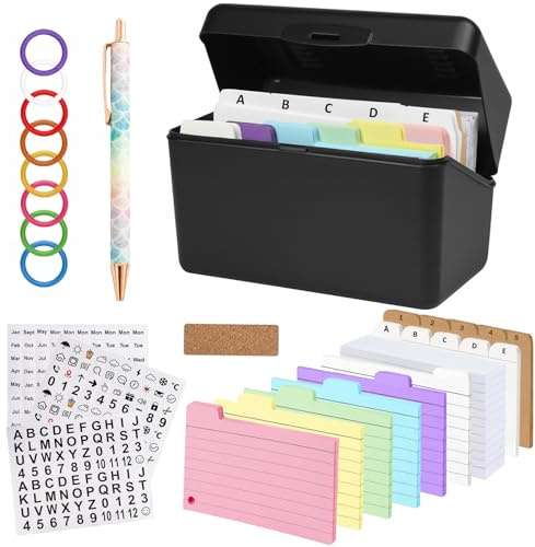 Karteikarten, Lernkarteibox mit 350 Bunten Verdickten Liniert Karteikarten,10 Registern, 8 Ringen und 4 Buchstaben Aufklebern, A7,A8–für Notizen, Rezept, Studium,Schule,College,Büro und Zuhause