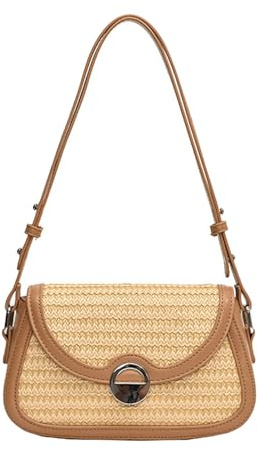 HDOYTXXM Bolso de playa retro para mujer, bolso de paja, bolso de paja, todo a juego, hombro tejido a mano, compras, citas, playa de paja, retro, crossbody tejido a mano, axila, Té de leche