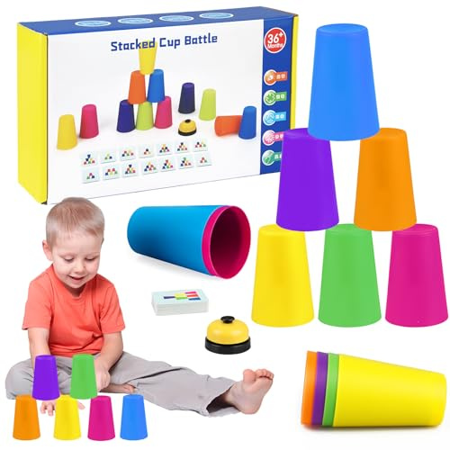Huanmin Sport Stapelbecher Spiel Set, Stacking Cups Spiel, Speed Stacking Becher mit 12 Bechern, Karten & Klingel, Becher Stapelspiel für Kinder und Erwachsene, Familienspiele (L)