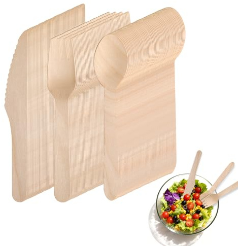 150 stycken träbestick-set – 50 gafflar, 50 knivar, 50 skedar – hållbart bestickset, miljövänligt bestick-set som alternativ till engångsporslin, perfekt som campingbestick och resebestick