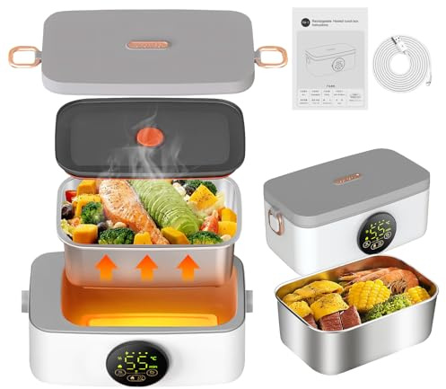 16000mAh Tragbare Elektrische Lunchbox mit Timer und 6 Temperaturstufen | Kabellose Beheizte Lunchbox mit 1L Herausnehmbarer Edelstahl Innenfutter,Digitalanzeige,für Auto/Büro/Schule/Picknick/Outdoor