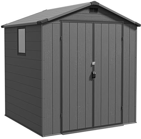 Triumphkey 1,8 x 1,8 m Outdoor-Schuppen, Kunststoff-Gartenhaus mit abschließbarer Tür, wetterfest für Fahrrad, Werkzeuge & Mülltonnenaufbewahrung für Rasen, Terrasse & Hinterhof, Dunkelgrau