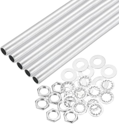 QUARKZMAN 35Pcs Tube Fileté M10 à Filetage Fin 31cm de Long x 7mm ID Kit de Raccords pour Tubes de Lampe avec Écrous Hexagonaux et Rondelles, pour Réparation Bricolage, Argent