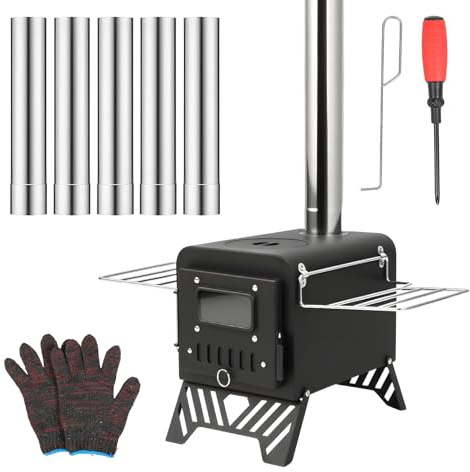 Portable Camping Wood Stove with 5 Chimney Pipes, 113cm Foldable Tent Heater, Metal Construction, Adjustable Ventilation, Log Burner with Side Shelves for Outdoor Cooking Heating