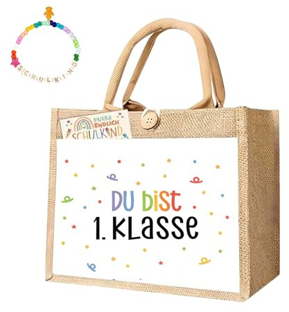Einschulung Geschenk Jutetasche, Geschenktüte Einschulung mit Armband Karte | Geschenk Einschulung Mädchen und Jungen, Schultüte Füllung, Jutetasche mit Du bist 1 Klasse für Schulanfang Mädchen Jungen