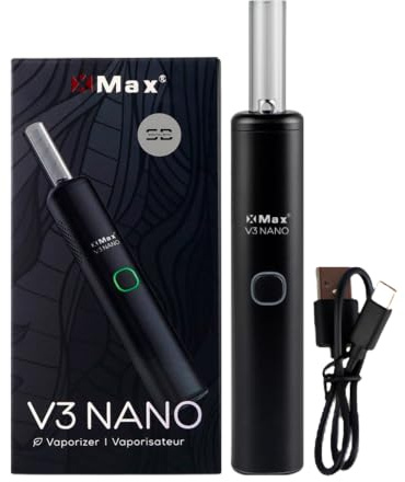 XMAX V3 Nano Dry Herb Vaporizer [Black] - No Nicotine | Available in 3 colours - USB-C Cable, 1000mAh Battery, Hybrid Convection Heating, 30-Sec Heat Up, Tidal LED Lights