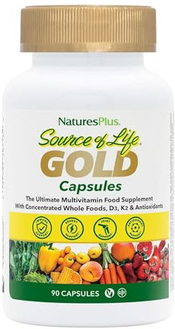 NaturesPlus Source of Life Gold Capsules - Whole Food Based Multivitamin for Men and Women, Energy, Immune, Focus - Gluten Free, Vegan - 90 Capsules