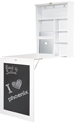 Phoenix 805106WE Schreibtisch York zur Fixierung an der Wand, EIN/ausklappbar mit viel Stauraum und Ablagefächer und Tafelfront, BxHxT 75.5x149x60cm, weiß