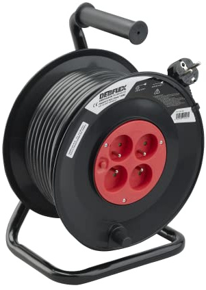 Elektrische Kabeltrommel – Verlängerungskabel – Kabeltrommel 40 m – DEBFLEX – Basteltrommel 4 Steckdosen 2P+T / 16 A, mit Thermoschutzschalter 40 m HO5 VV-F 3G 1,5 – Schwarz