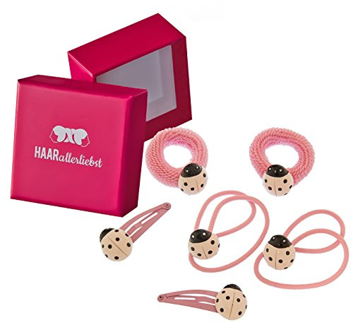HAARallerliebst Haargummi Set (6 Stück | Marienkäfer | rosa) für Mädchen inkl. Schachtel zur Aufbewahrung (Schachtelfarbe: pink)