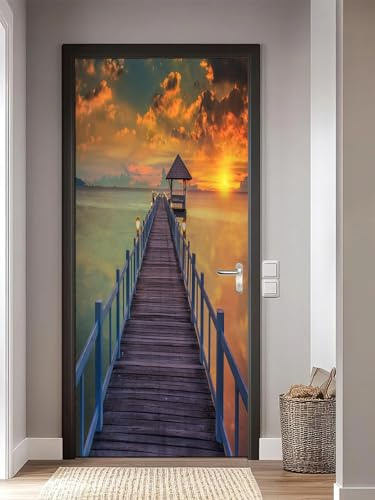 FLFK Türtapete Selbstklebend TürPoster 77x200cm-Meer Sonnenuntergang Seebrücke Türaufkleber Abziehen und Aufkleben Mauer Aufkleber Zuhause Dekor(2 Stk/Set)