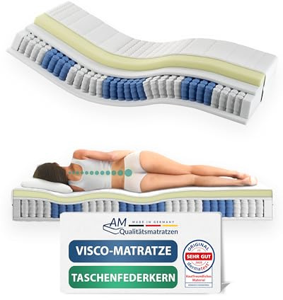 AM Qualitätsmatratzen Visco-Taschenfederkernmatratze 120x200cm H2 24cm - Made in Germany & Oeko TEX Siegel - 7 Zonen Viscoschaum Federkernmatratze 120x200 mit 480 Federn & Lyocell Bezug