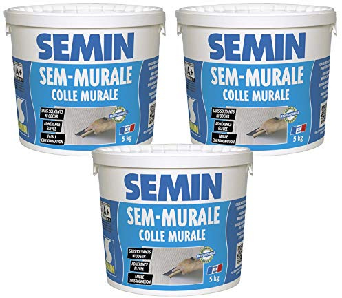 SEMIN Sem-Murale – Colle Toile de Verre & Revêtements Muraux Légers – Prête à l’Emploi – Forte Adhérence – Intérieur Murs & Plafonds – Sans Odeur – 3 seaux de 5 kg