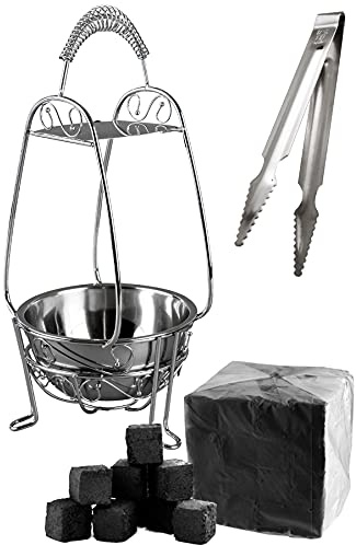 Kaya - Kohlekorb Set mit Edelstahl Kohlezange + 1kg Naturkohle [Groß, Rostfrei, stabil & glänzend] - Wasserpfeifen Zubehör