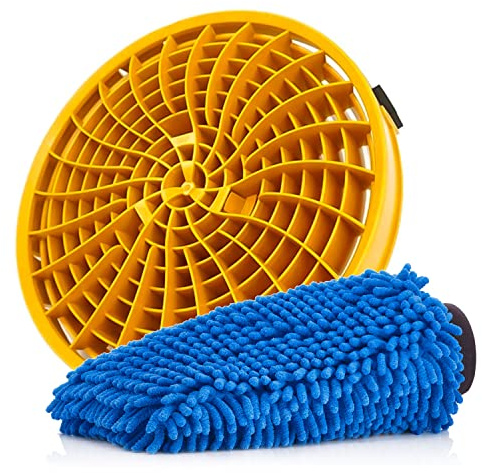 detailmate Autopflege Zubehör Set: Detail Guardz Dirt Lock Schmutzeinsatz Gold mit Chenille Waschhandschuh blau - Wascheimereinsatz und Mikrofaser Handschuh für die Autowäsche