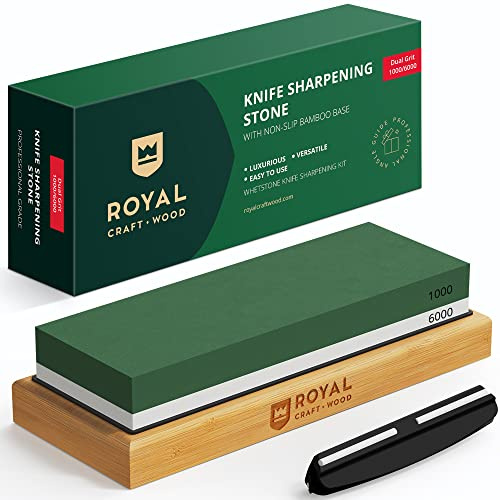 Universal Knife Sharpening Stone w/Dual Grit 1000/6000 for Kitchen Knife Set, Chef Knife, and more - Whetstone Sharpening Kit with Angle Guide, Non-Slip Silicon and Bamboo Bases by ROYAL CRAFT WOOD