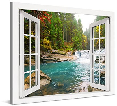 PICANOVA – Bosque Río Cascada Ventana 100x75cm – Cuadro sobre Lienzo – Imagen Impresión Montado sobre Marco De Madera – Cuadro Decoración Moderno para Salón o Dormitorio – Colección Bosque
