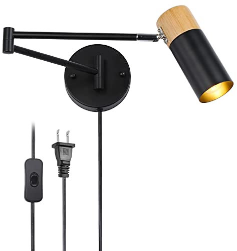 LUSTORM 1 Moderne Schwingarm Wandleuchte mit Stecker in Kabel, industrielle schwarze E27 LED Wandleuchten justierbare Holzarmaturen für Schlafzimmer Nachttisch Rotation Leselampe Scheinwerfer