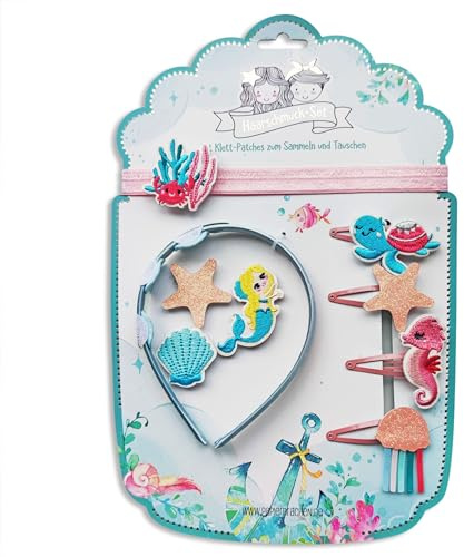 Papierdrachen Haarschmuck Set - Haarreifen Haarband Klett | wechselbare Patches im Design *Meerjungfrau* | Schöne kreative Haar Accessoires für Mädchen - Set 2