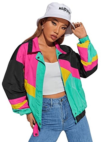 SweatyRocks Women's Windbreaker Casual Lightweight Color Block Retro Bomber Jacket Teal Pink Black Large