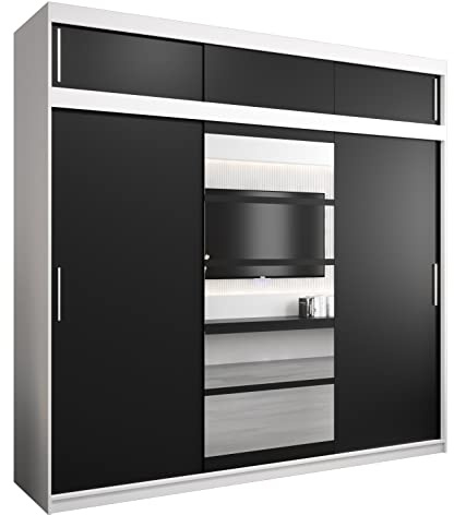 ABIKSMEBLE Roma 1 250 Armoire de Rangement à Trois Portes Coulissantes pour Chambre à Coucher avec Miroir, Tringle et Étagères - 250x240x62 cm (L x H x P) - Blanc Mat + Noir Mat avec Extension