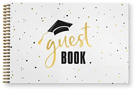 Hardcover Black Faux Gold Graduation Guestbook / 120 Lined Guest Signature Pages Inside / 5.5 x 8.5 Landscape Lay Flat Gold Metal Spiral Binding Gender Neutral Grad Party Décor