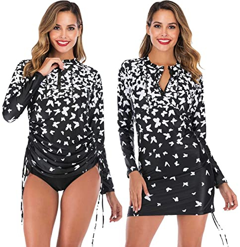 REZELADA Rashguard pour Femme Maillot Bain Manches Longues UPF 50 Protection Solaire Tankini Protection Solaire Anti-UV T-Shirt Top de Sport pour Vacances Surf Plage Natation