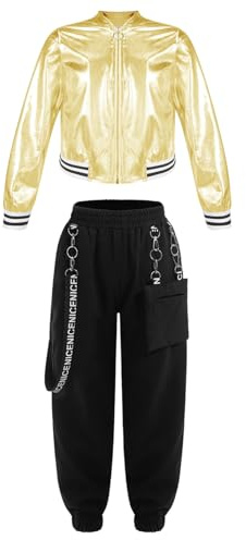 Oyolan Enfant Fille Ensemble Tenue Hip Hop Costume Danse Moderne Jazz Survêtement Sport Veste Brillant Métallique + Pantalon Jogger 5-16 Ans Or 9-10 ans