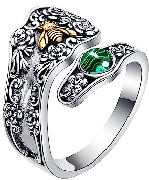 HUKKUN Spoon Ring Sterling Silver Chunky Gold Bee Rings for Women Adjustable Turquoise Ring