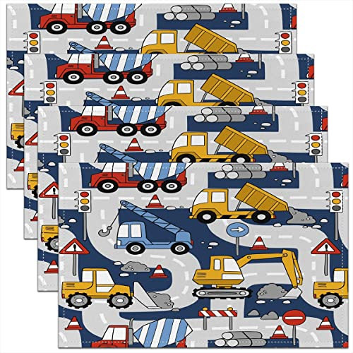 Construction Table Place Mats 45x30cm Equipment Trucks Placemats Dining Table Construction Vehicles Washable Fabric Table Mats Placemat Yellow Blue Placemat Kitchen Dining Table Bedroom