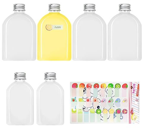 Lot De 6 Bouteilles De Jus Transparentes (100 Ml + 200 Ml), 1 Autocollant De Fruits, Récipient À Boisson Plat, Bouteille De Boisson Vide Avec Couvercle En Aluminium, Bouteille Plate Transparente.
