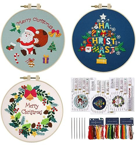 3 Sets Weihnachts Anfänger Stickerei Set, Weihnachtsmuster Kreuzstich Kit Starter Tools Kit mit Kunststoff-Stickrahmen, Farbfäden, Anleitung und Werkzeuge, DIY Handgemachte Kreuzstich Set für Handwerk
