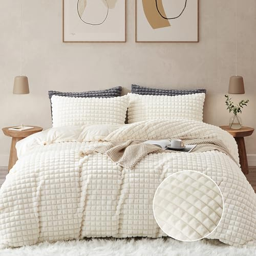 Nyescasa Plüsch Bettwäsche 135x200 Beige Warme Winter Flauschig Flanell Biber Wendebettwäsche Langhaar Kunstfell Deckenbezug Fleece Cashmere Touch Bettbezug mit Reißverschluss und Kissenbezug 80x80cm