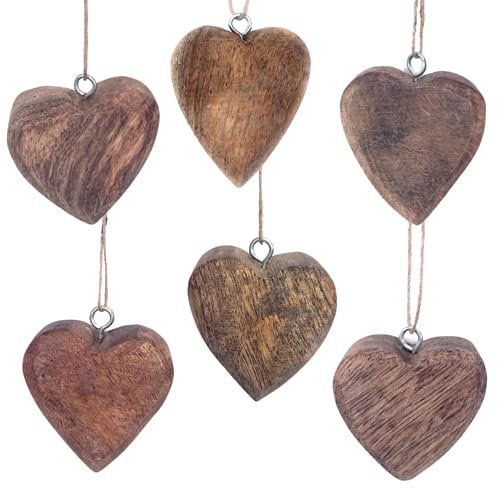 6X Herz Anhänger 4,5 x 4,5 cm Holz, Massiv Holzherzen zum Hängen Deko Hänger Natur
