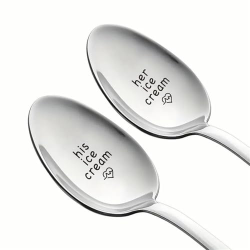 Engraved Ice Cream Spoon Gifts for Couple on Anniversary, 2 Pcs Personalized Coffee Spoon Stainless Steel, Couple Gifts for Him and Her on Valentines Day (his/her ice cream, scoop)