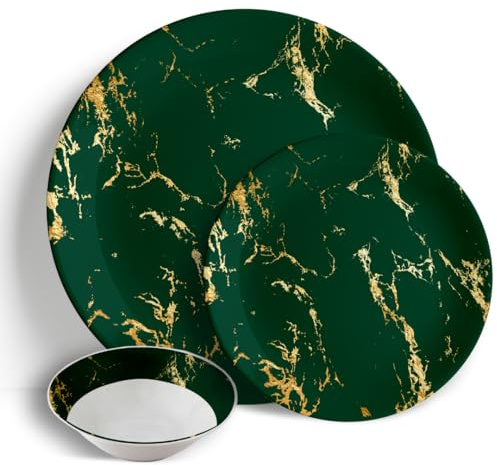 Peacock Supplies 18 Piece Dinner Set, Green & Gold Marble | Ceramic Porcelain China - 6 Dinner Plates, 6 Side Plates & 6 Bowls - Dishwasher & Microwave Safe