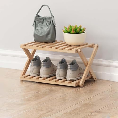 Glsety Zapatero de bambú de 2 niveles, portátil, plegable, sin instalación, pequeño zapatero, perfecto para pasillos, dormitorios y espacios pequeños (2 niveles)