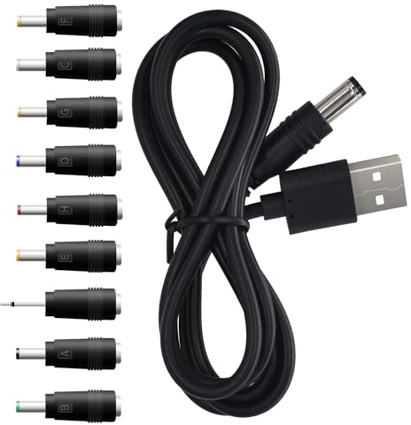 5V DC Netzkabel Ersatzladegerät, USB zu DC Stecker Ladekabel mit 9 Adapteranschlüssen für Mondlampe, Massagestab, Router, LED Licht, Mini-Lüfter, Lautsprecher und weitere Geräte (Schwarz)