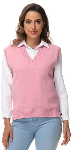 MODFUL, Gilet in Maglia da Donna Senza Maniche con Scollo a V, Maglione Oversize Classico Pullover, Rosa pallido, XL