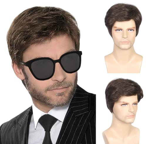 TSHAOUN Mens Short Wig Brown Layered Natural Handsome Wavy Hair Wig, 70s 80s Disco Short Curly Fluffy Cosplay, Men's Daily Use Costume Fancy Dress Rocking Dude Men's Costume (Brown)
