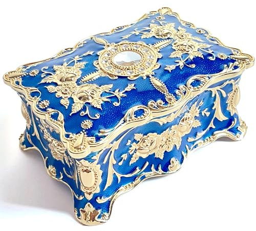 Truewon Jewelry Chest Rose Pastoral Style Metal Box Trinket Vintage Trinket Gemstone Storage Tray Treasure Ring Earrings Necklace Souvenir Gift Case for Girls Woman Ladies (Golden Blue, Large)