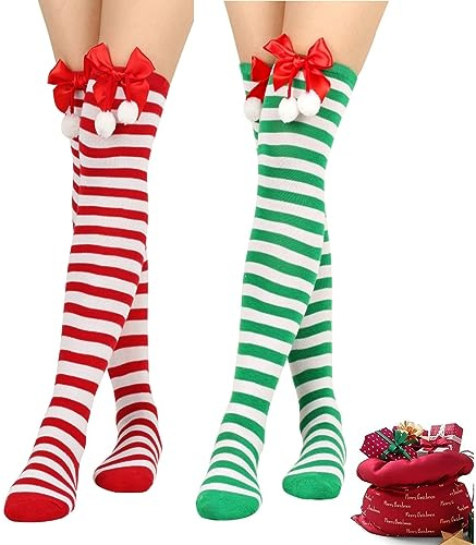 Tokaneit 2 Paia Calze al Ginocchio con Fiocco, Calzini a Righe Natalizi, Calzini Alti Natalizi, Calze Natalizie a Righe per Decorazioni in Costume Natalizio, Cosplay, Spettacoli Teatrali